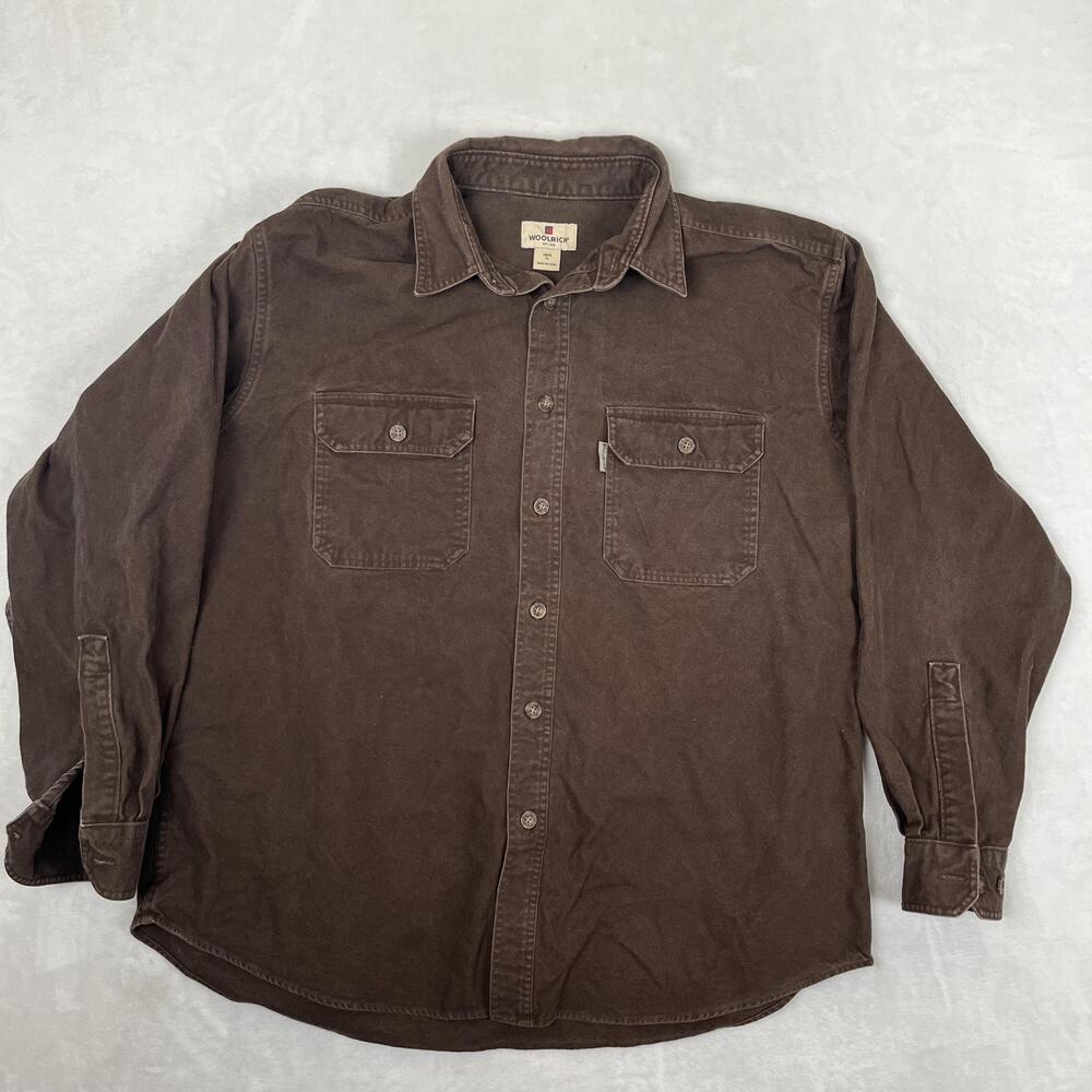 Vintage Woolrich Shirt Mens XL Brown Solid Long Sleeve Button Front Workwear